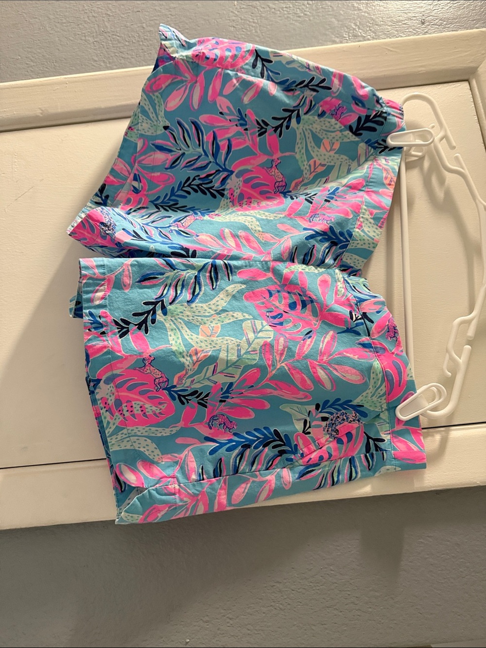 Lilly Pulitzer Girls Tropical Leaf Swim Shorts - Aqua, Pink & Navy